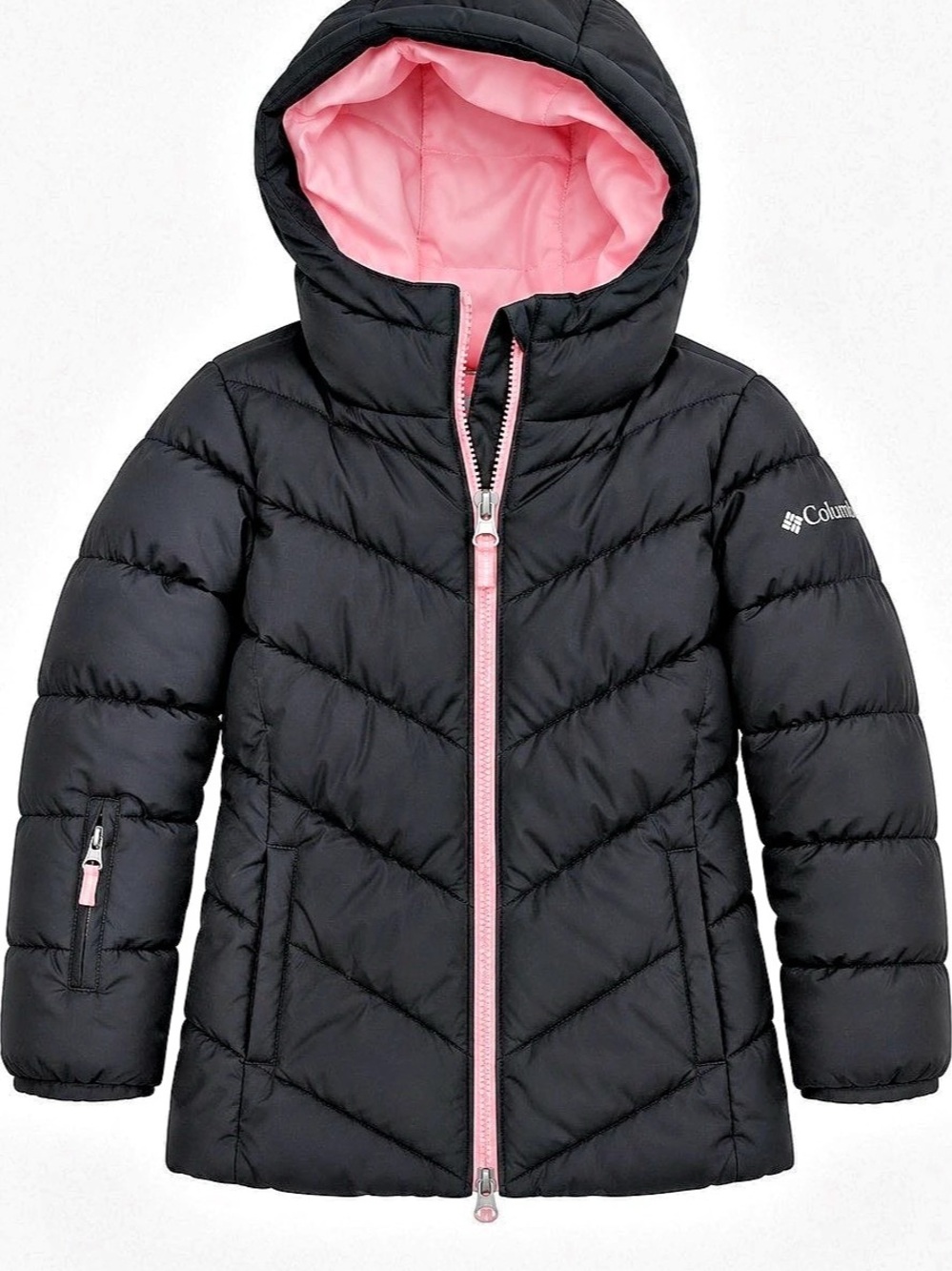 Columbia Girls Black Puffer Jacket Pink Lining Hooded Coat